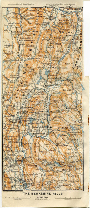 1909 The Berkshire Hills, Massachusetts, Antique Baedeker Map, Print