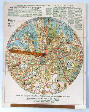 c.1925 The Indicator Map of Sydney, Australia (Rare Sydney Map) Tourist, Visitor, Road, Street, Guide Map