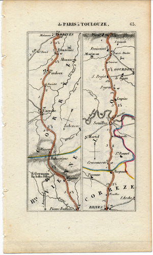 Rare 1826 A M Perrot Road Map - Gourdon, Souillac, Brive-la-Gaillarde, Uzerche, Masseret, Cahors, Montauban, Toulouse, France 63/64 - The Old Map Shop