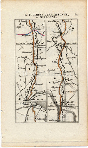 Rare 1826 A M Perrot Road Map - Bayonne, Toulouse, Castelnaudary, Carcassonne, Trebes, Narbonne, Albi, Gaillac, Rabastens, France 69/70 - The Old Map Shop