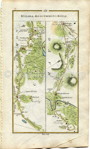 1778 Taylor & Skinner Antique Ireland Road Map 69/70 Bellanagare Tulsk Frenchpark Ballaghaderreen Bellaghy Swinford Foxford Ballina Killala