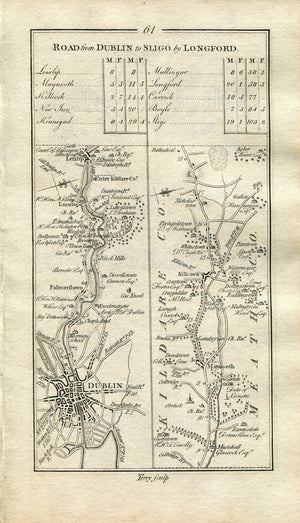 1778 Taylor & Skinner Antique Ireland Road Map 61/62 Dublin Lucan Leixlip Maynooth Kilcock Johnstown Bridge Kinnegad Mullingar Palmerstown