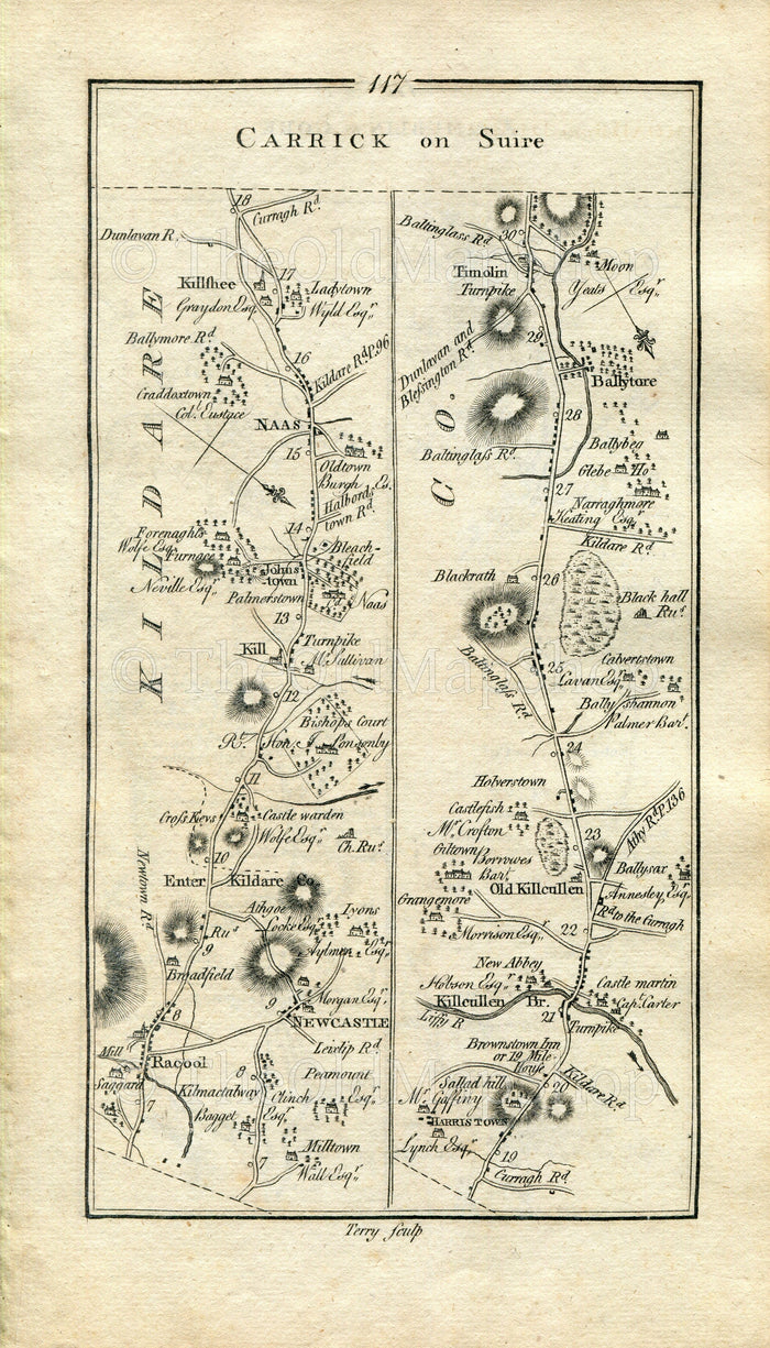 1778 Taylor & Skinner Antique Ireland Road Map 117/118 Newcastle Kill Rathcoole Naas Killashee Kilcullen Johnstown Moone Castledermot Carlow