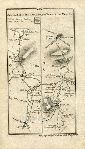 1778 Taylor & Skinner Antique Ireland Road Map 193/194 Cashel Killenaule Callan Modeshill Wilford Mullinahone Cloneen Fethard Tipperary
