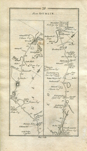 1778 Taylor & Skinner Antique Ireland Road Map 77/78 Athlone Ballyforan Mountbellew Moylough Tuam Castlegrove Cloghans Hill Hollymount