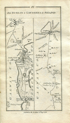 1778 Taylor & Skinner Antique Ireland Road Map 81/82 Kilbeggan Ferbane Belmont Clonony Moystown Shannonbridge Ballinasloe Aughrim Loughrea