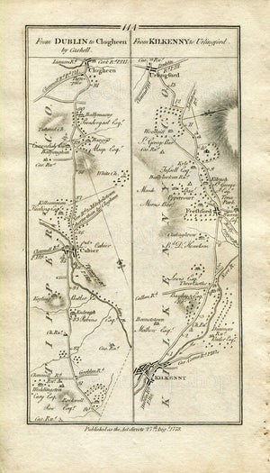 1778 Taylor & Skinner Antique Ireland Road Map 113/114 Tipperary Galbally Mitchelstown Kilworth Cahir Clogheen Kilkenny Freshford Urlingford