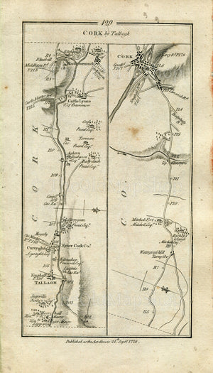 1778 Taylor & Skinner Antique Ireland Road Map 129/130 Tallow Conna Rathcormac Upper Glanmire Cork Dungourney Mogeely Gastlemartyr Youghal