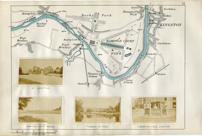 1873 Henry Taunt Antique Map, The River Thames, East Molesey, Bushy Park, Hampton Court, Thames Ditton, Surbiton, Kingston, Surrey, London