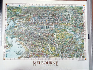 Rare Original 1991 Melbourne Australia Pictorial Map, Bird's-eye view by Melinda Clarke, Deborah Young & Oblique Creations Pty Ltd.