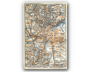 1914 Lyon, South of France Town Plan, Antique Baedeker Map, Print