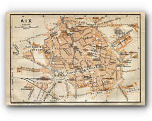 1914 Aix, South of France Town Plan, Antique Baedeker Map, Print