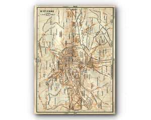 1914 St Etienne, South of France Town Plan, Antique Baedeker Map, Print