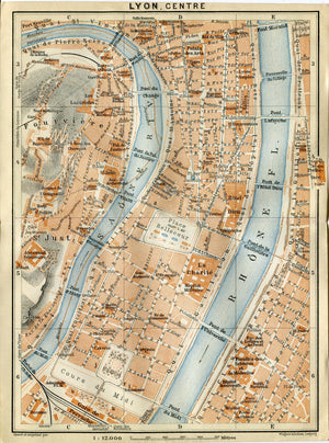 1914 Lyon, Centre, South of France Town Plan, Antique Baedeker Map, Print