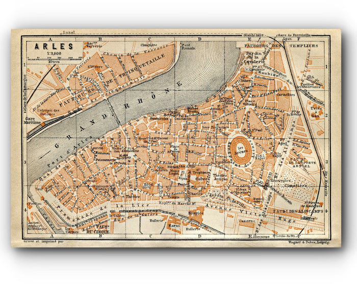 1914 Arles, South of France Town Plan, Antique Baedeker Map, Print