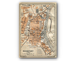 1914 Rochefort, South of France Town Plan, Antique Baedeker Map, Print