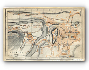 1914 Lourdes, South of France Town Plan, Antique Baedeker Map, Print