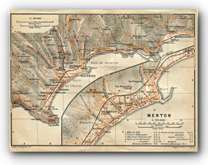 1914 Menton, South of France Town Plan, Antique Baedeker Map, Print