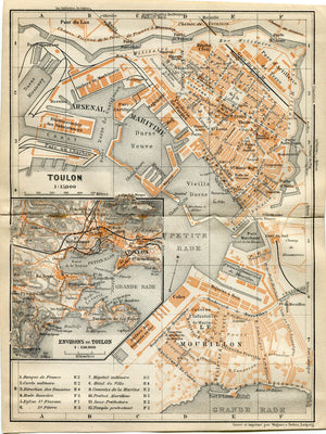 1914 Toulon, South of France Town Plan, Antique Baedeker Map, Print