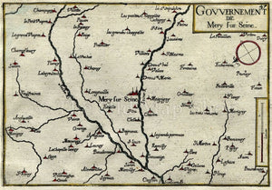 1634 Nicolas Tassin Map Mery sur Seine, Anglure, Romilly sur Seine, Aube, Champagne Ardenne, France Antique