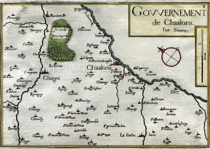 1634 Nicolas Tassin Map Chalon sur Saone, Chagny, Sevrey, Saone et Loire, Burgundy, France Antique