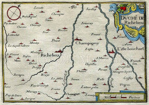 1634 Nicolas Tassin Map Richelieu, Champigny sur Veude, L'Ile Bouchard, Indre et Loire, Centre, France Antique Carte
