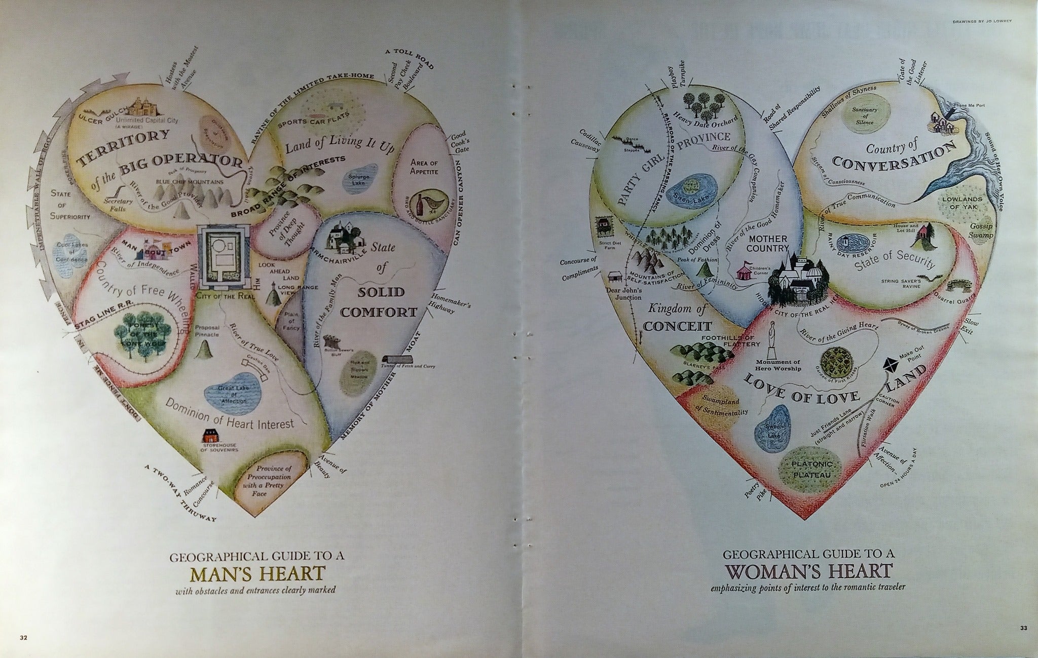 Geographical Guide to a Man's Heart, Geographical Guide to a Woman's Heart. Jo Lowry 1960 - Heart Shaped Allegorical Pictorial Map
