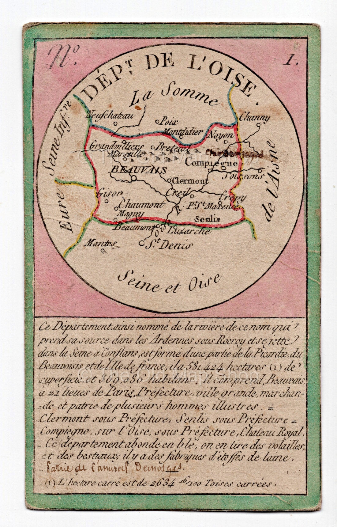 Hand-coloured c.1819 Oise France antique card map by Bourrut-Le Meri, rare first edition