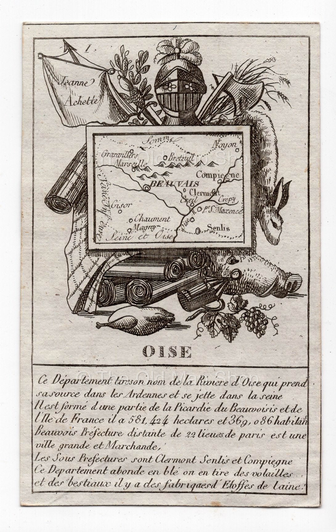c.1836 Oise France antique card map by Bourrut-Le Meri, 3rd edition