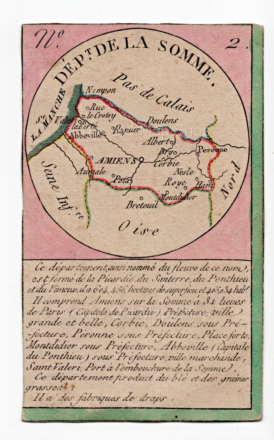 Hand-coloured c.1819 Somme France antique card map by Bourrut-Le Meri, rare first edition