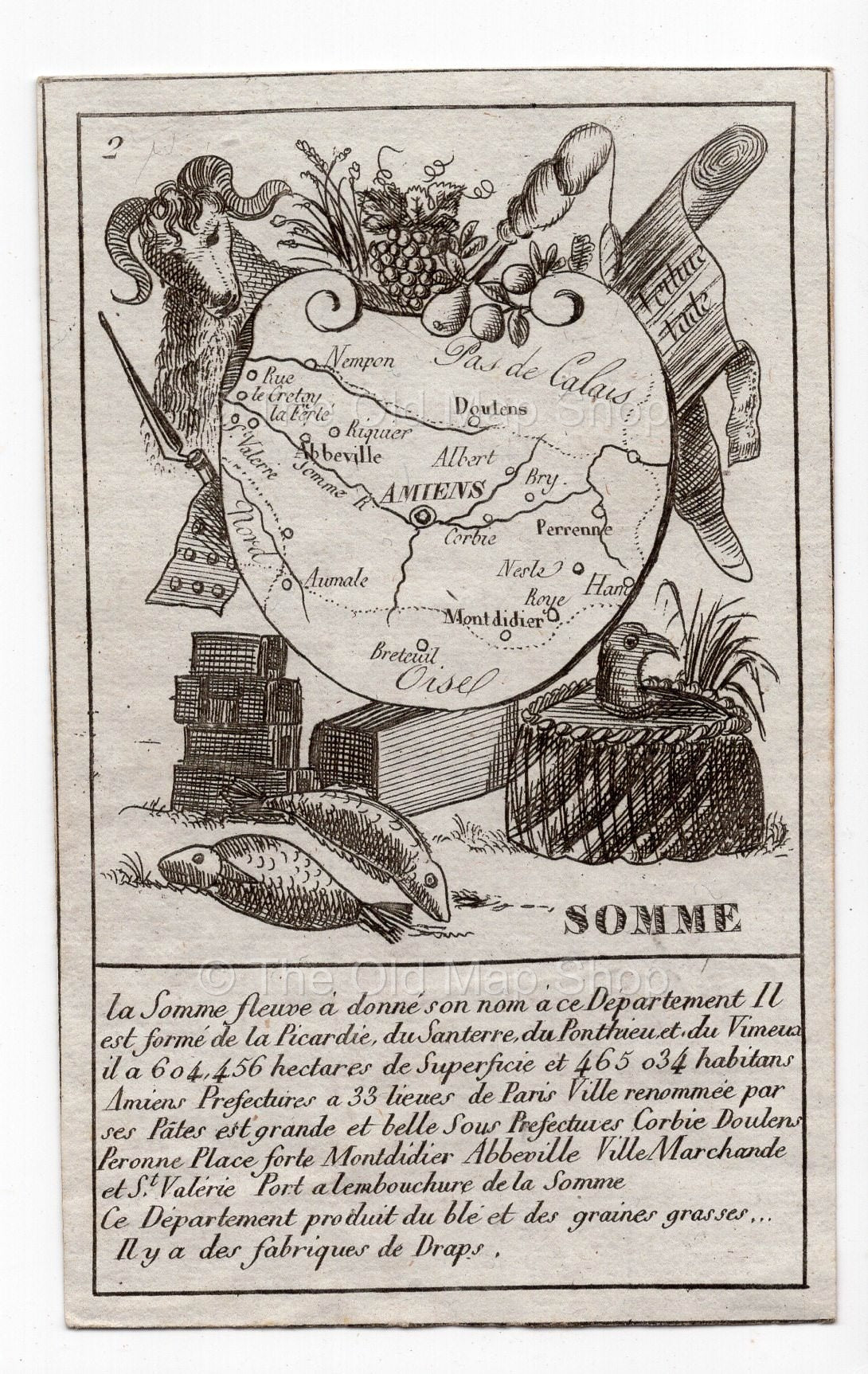 c.1836 Somme France antique card map showing Amiens by Bourrut-Le Meri, 3rd edition