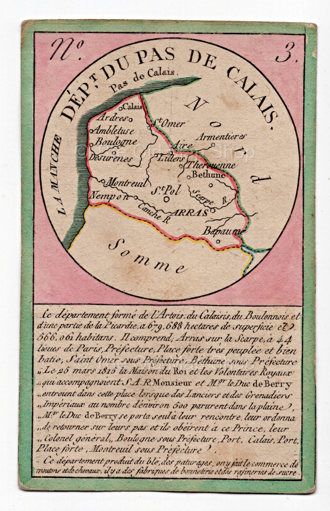 Hand-coloured c.1819 Pas-de-Calais France antique card map by Bourrut-Le Meri, rare first edition
