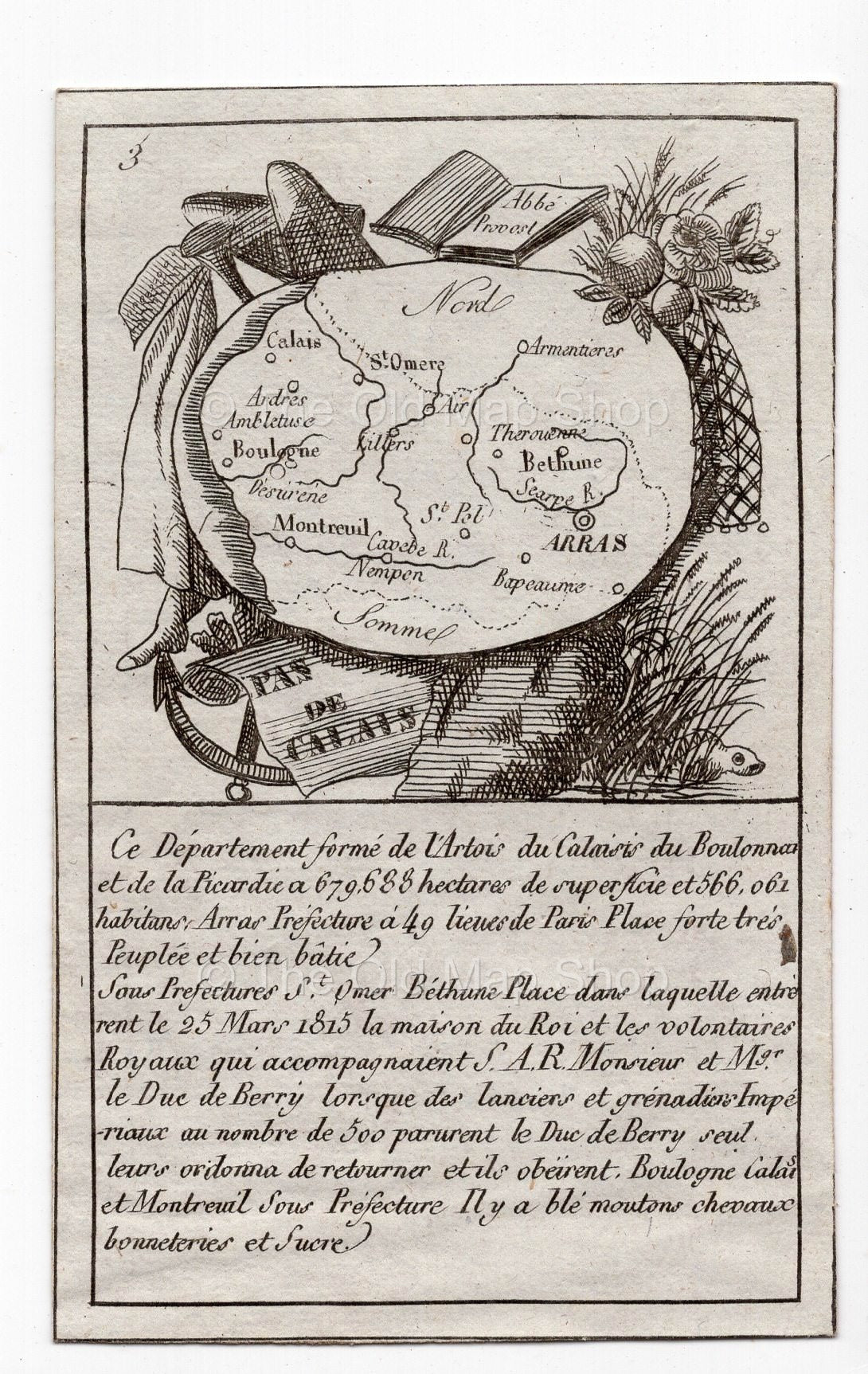 c.1836 Pas-de-Calais France antique card map by Bourrut-Le Meri, 3rd edition
