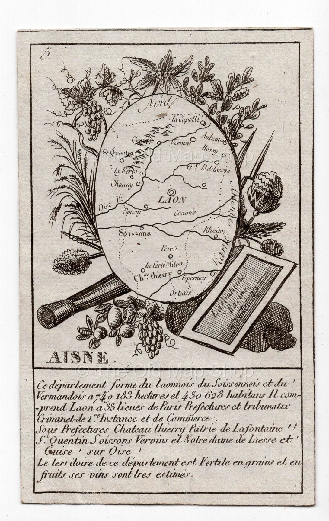 c.1836 Aisne France antique card map showing Laon by Bourrut-Le Meri, 3rd edition