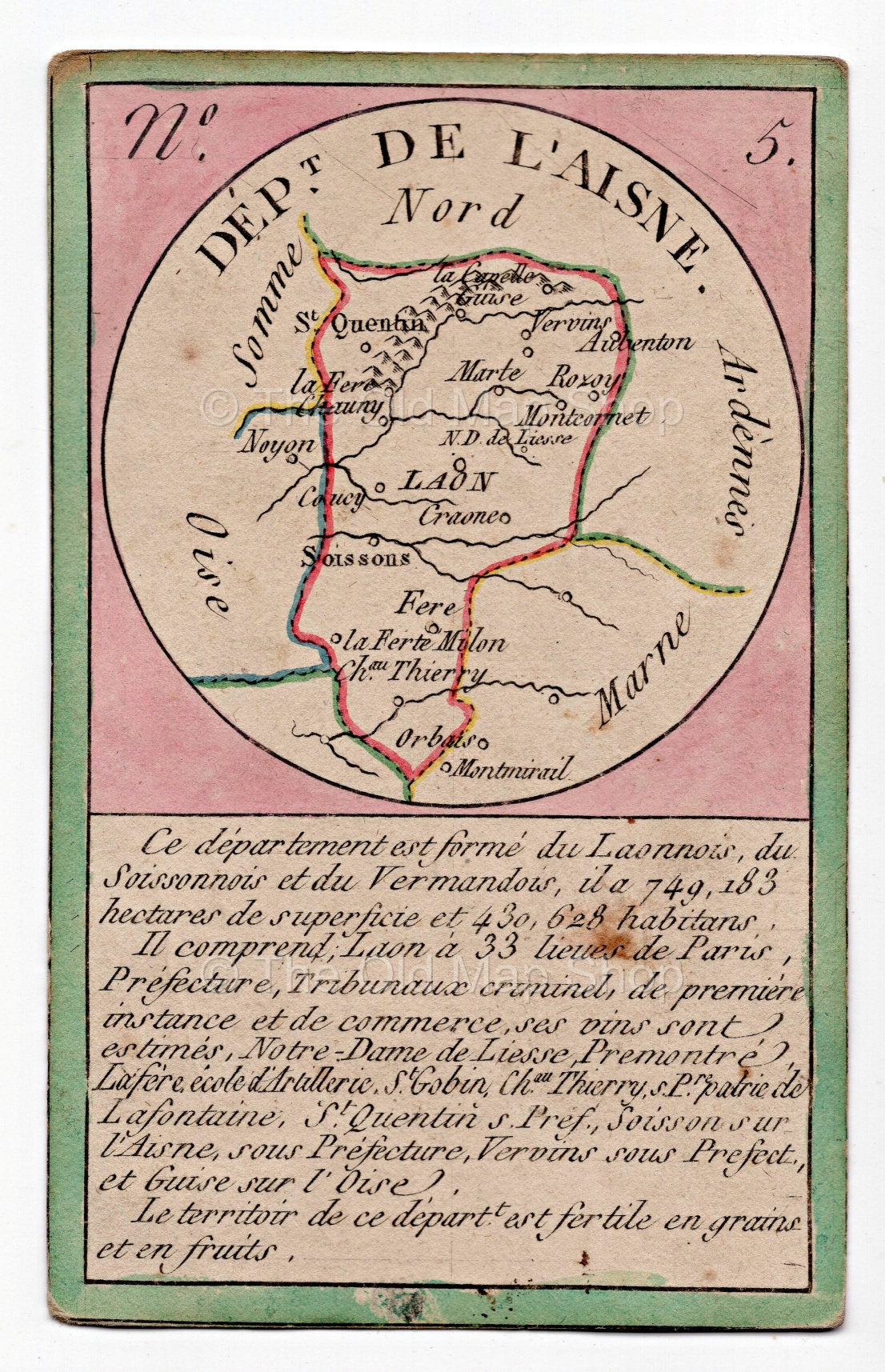 Hand-coloured c.1819 Aisne France antique card map by Bourrut-Le Meri, rare first edition