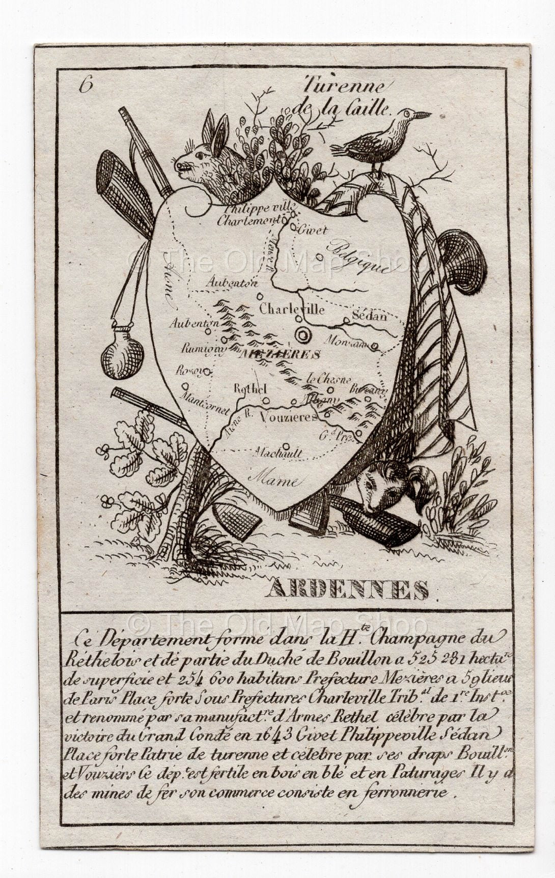 c.1836 Ardennes France antique card map showing Sedan by Bourrut-Le Meri, 3rd edition