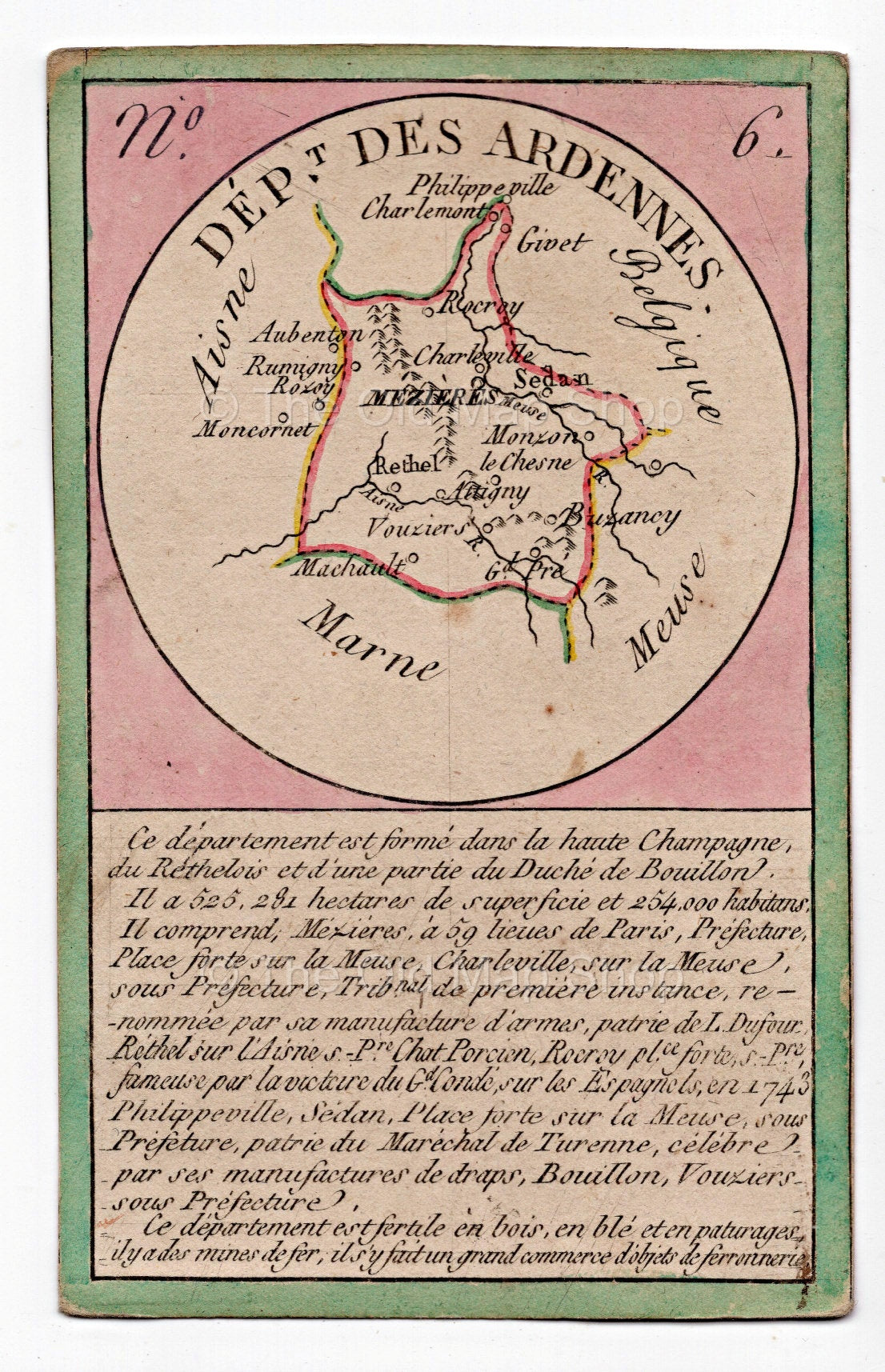 Hand-coloured c.1819 Ardennes France antique card map by Bourrut-Le Meri, rare first edition
