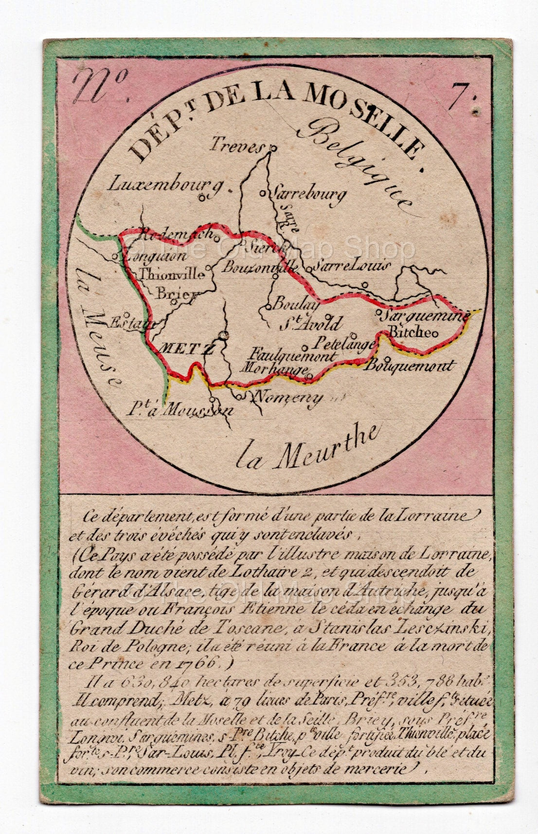 Hand-coloured c.1819 Moselle France antique card map by Bourrut-Le Meri, rare first edition