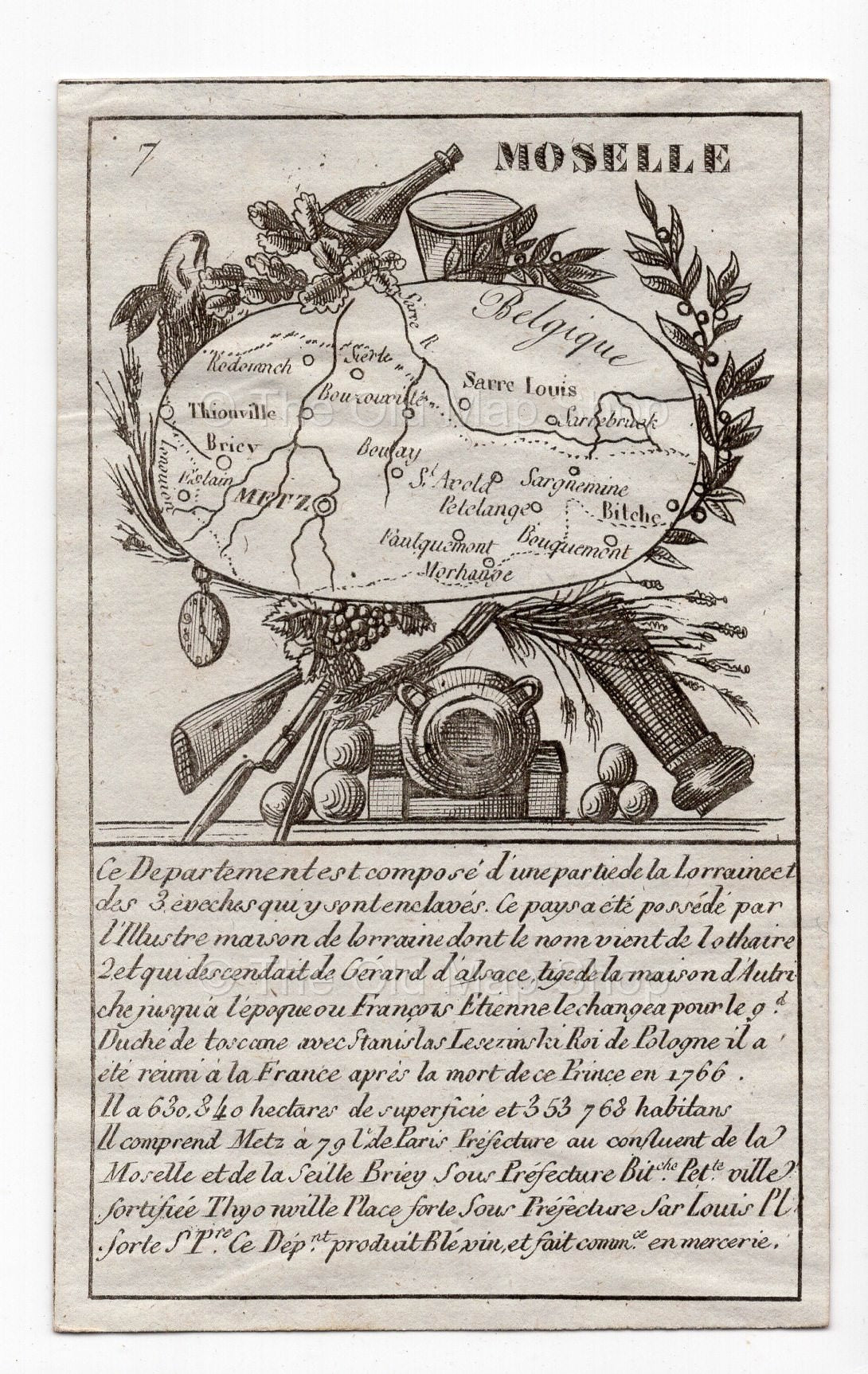 c.1836 Moselle France antique card map showing Metz by Bourrut-Le Meri, 3rd edition