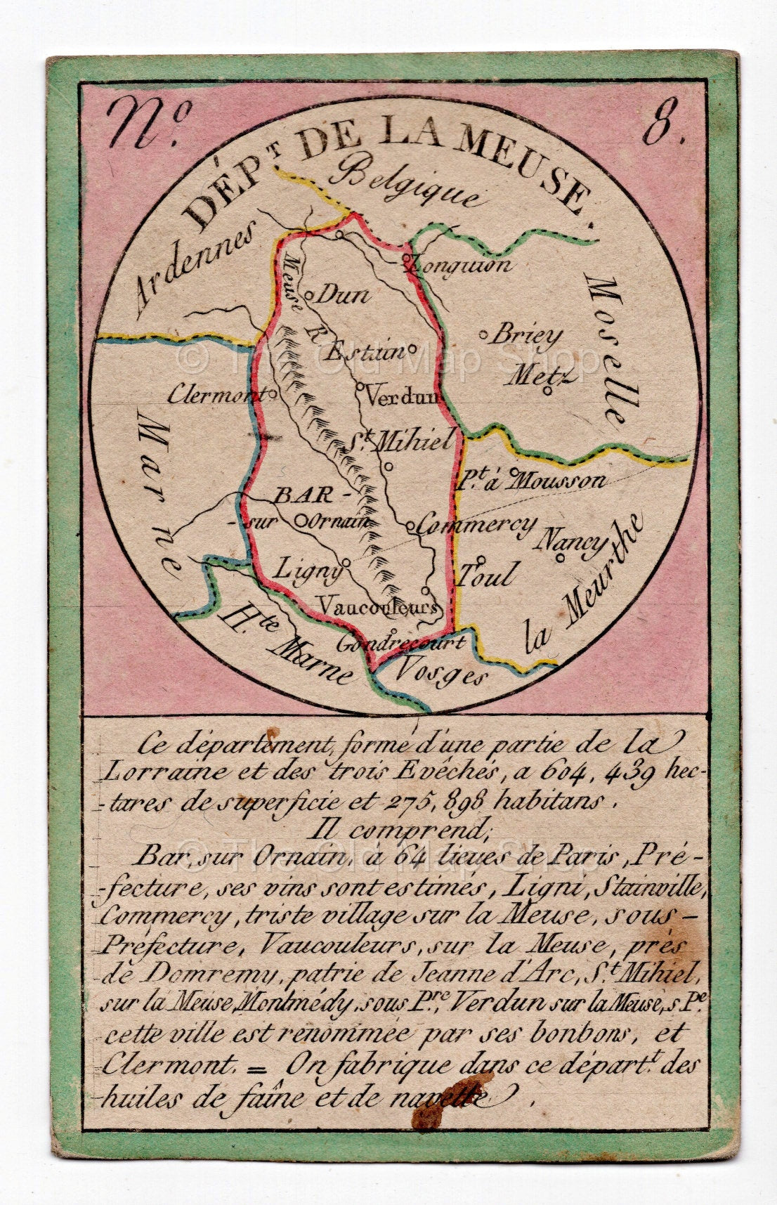 Hand-coloured c.1819 Meuse France antique card map by Bourrut-Le Meri, rare first edition