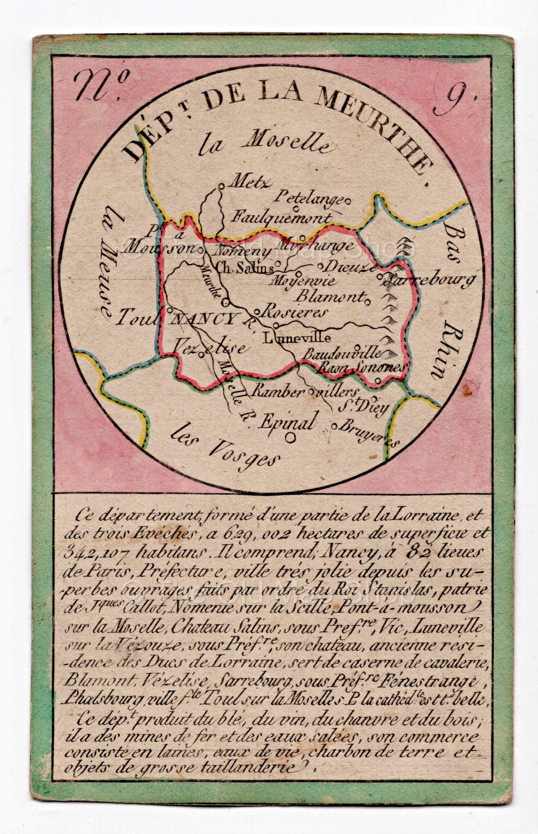 Hand-coloured c.1819 Meurthe-et-Moselle France antique card map by Bourrut-Le Meri, rare first edition