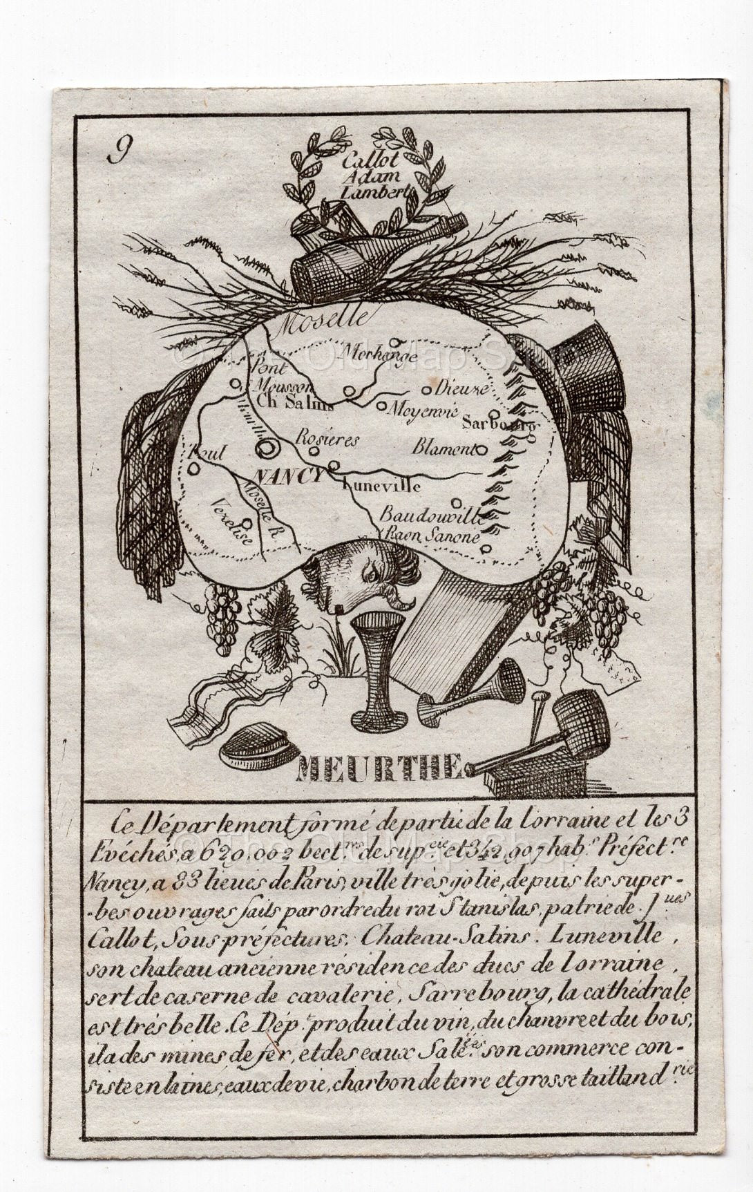 c.1836 Meurthe France antique card map showing Nancy by Bourrut-Le Meri, 3rd edition