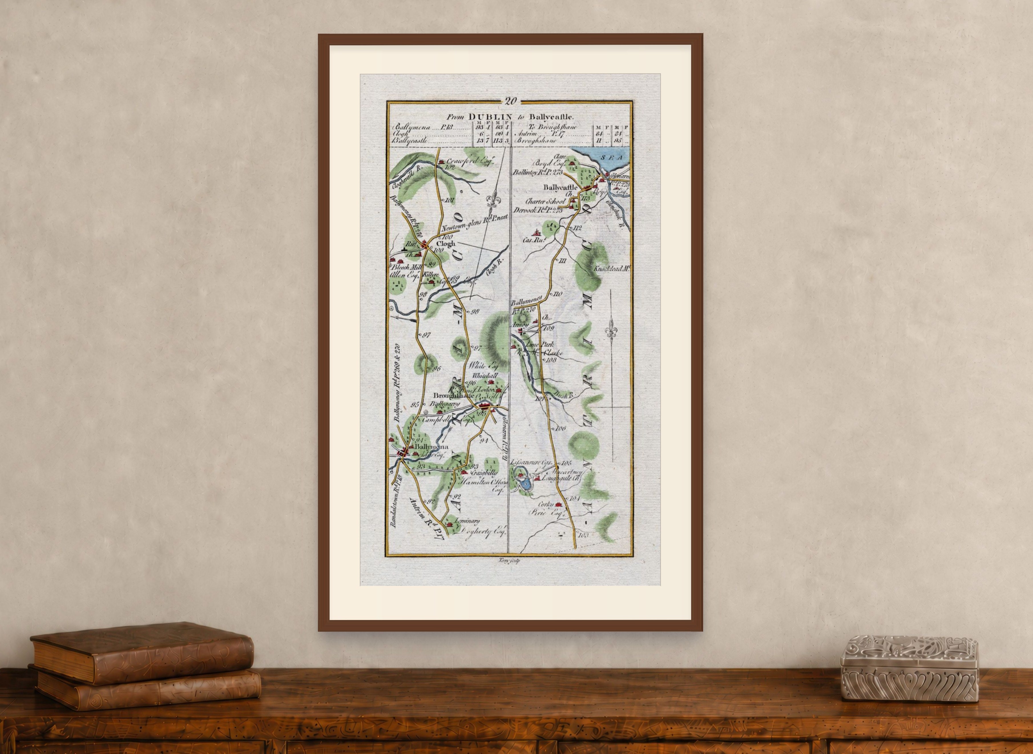 Framed 1783 Taylor & Skinner Ireland road map of Ballymena, Ballycastle, Broughshane, Clough and Armoy