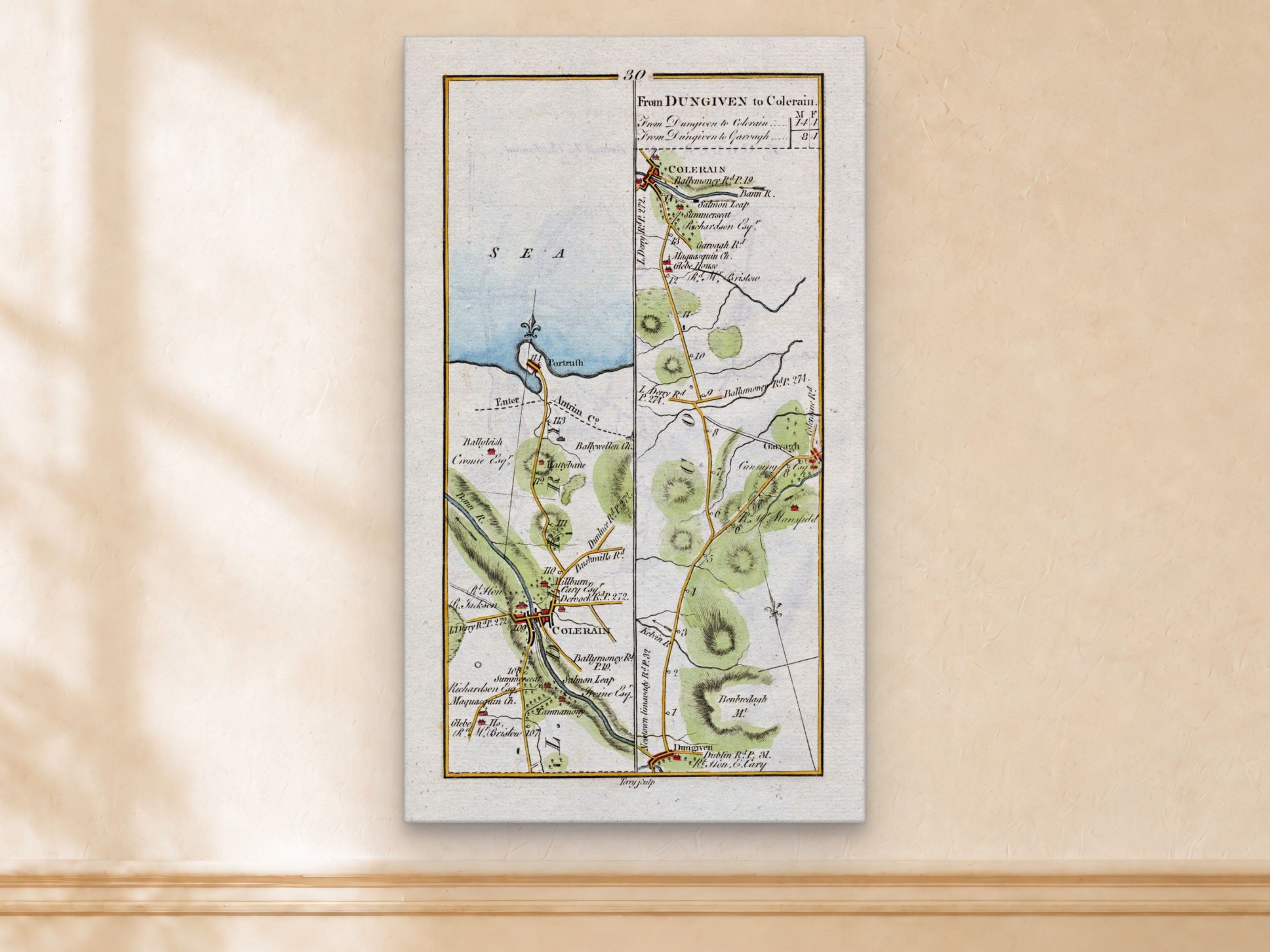 1783 Taylor & Skinner Coleraine, Portrush, Dungiven, Garvagh and Macosquin Ireland road map displayed on a light cream wall.