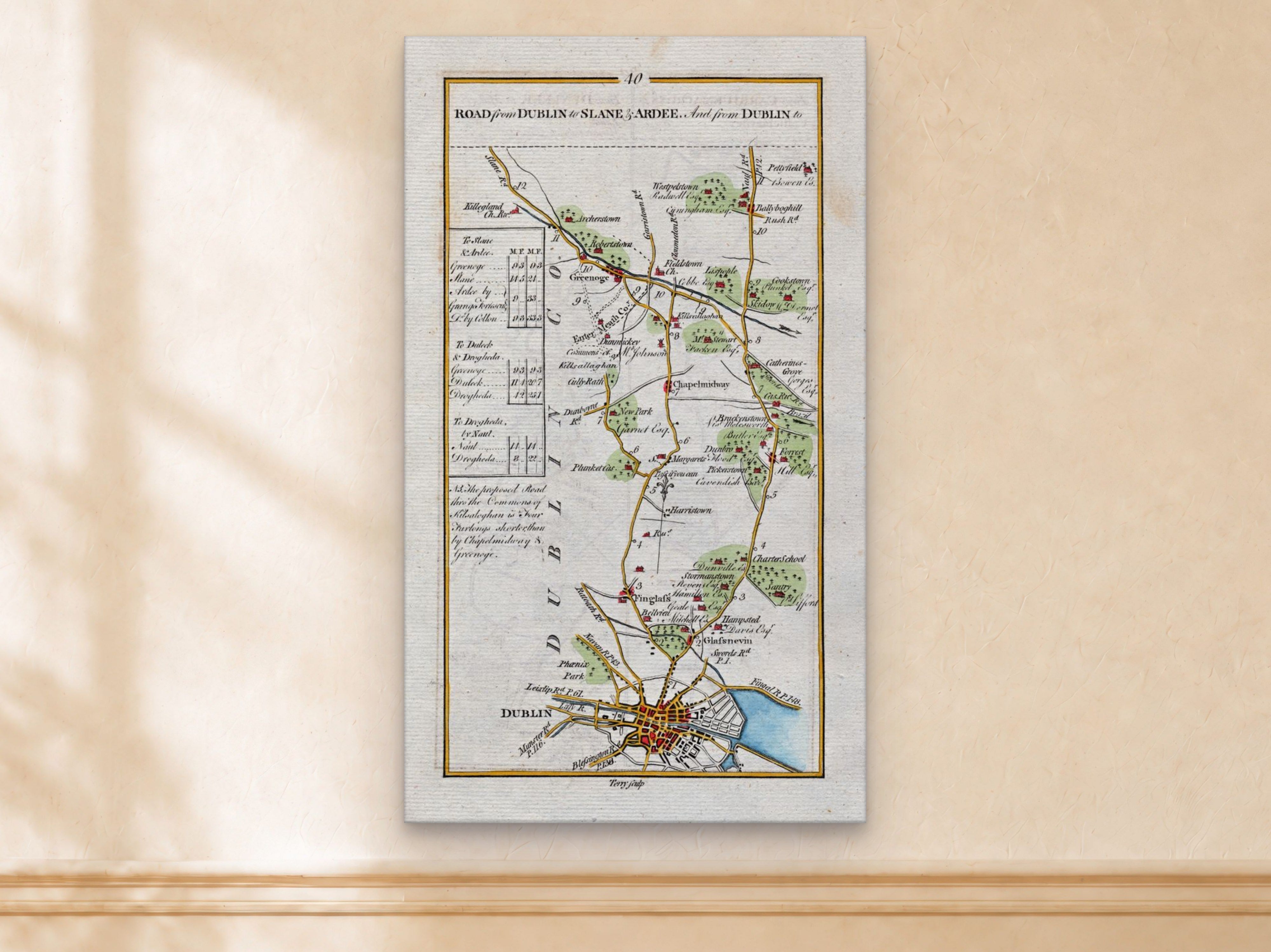 1783 Taylor & Skinner Dublin, Slane, Ardee, Duleek and Drogheda Ireland road map displayed on a light cream wall. The map covers Counties Dublin, Meath and Louth.