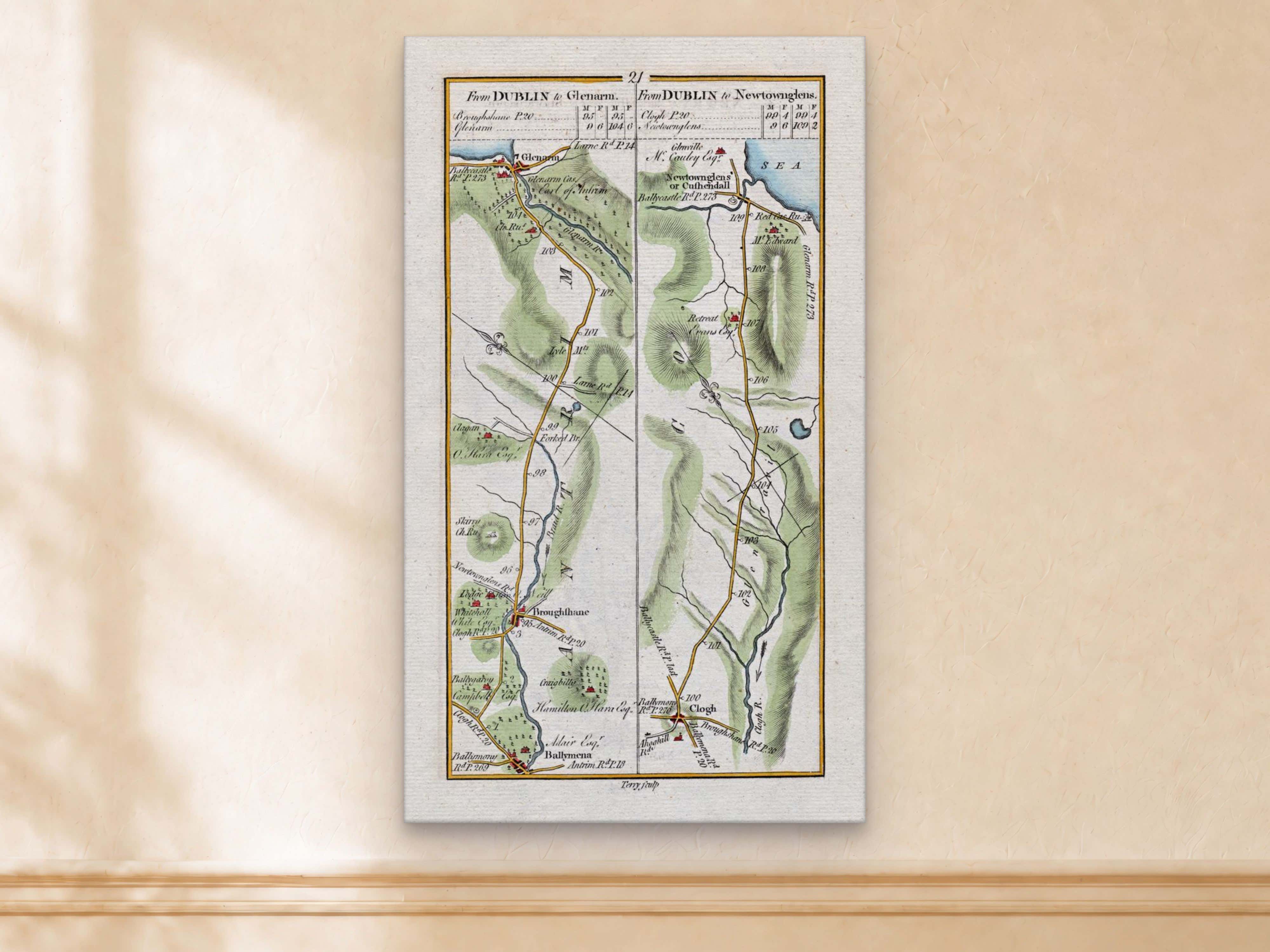 1783 Taylor & Skinner Glenarm, Cushendall, Ballymena, Broughshane and Clough Ireland road map displayed on a light cream wall.