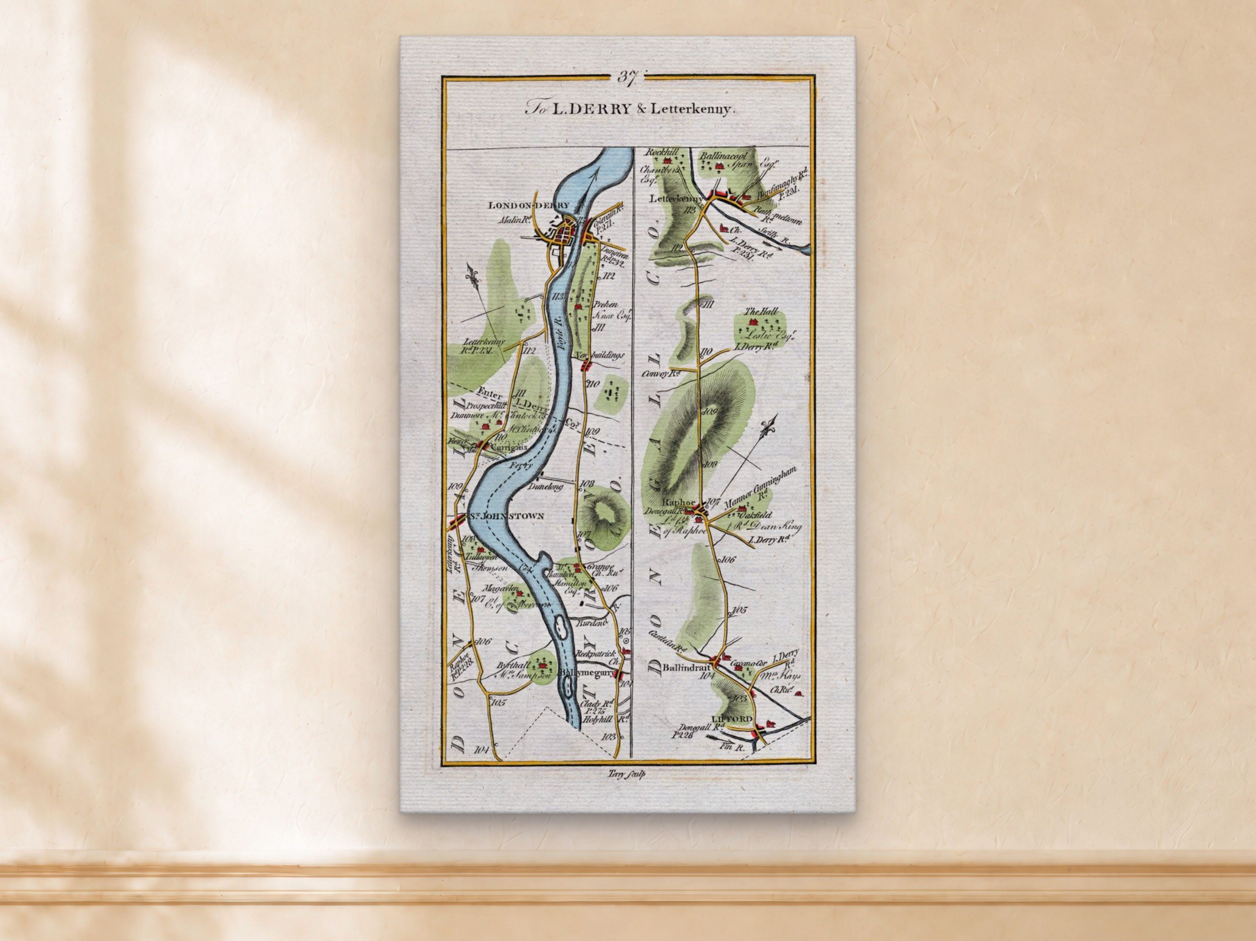 1783 Taylor & Skinner Londonderry, Letterkenny, Raphoe, Lifford and St Johnston, Donegal Ireland road map displayed on a light cream wall. The map covers Counties Londonderry and Donegal.