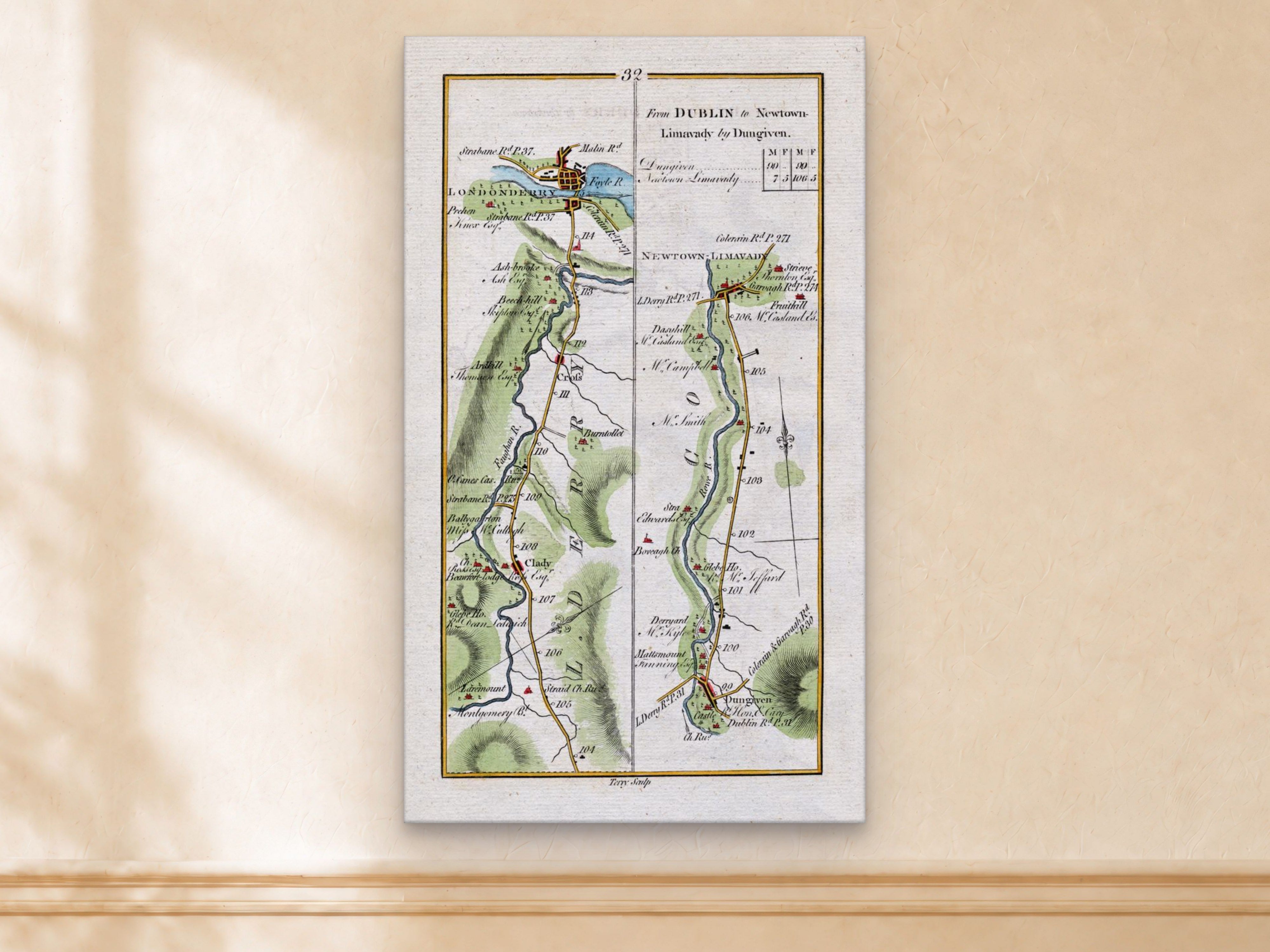 1783 Taylor & Skinner Londonderry, Limavady, Dungiven, Clady and River Roe Ireland road map displayed on a light cream wall.