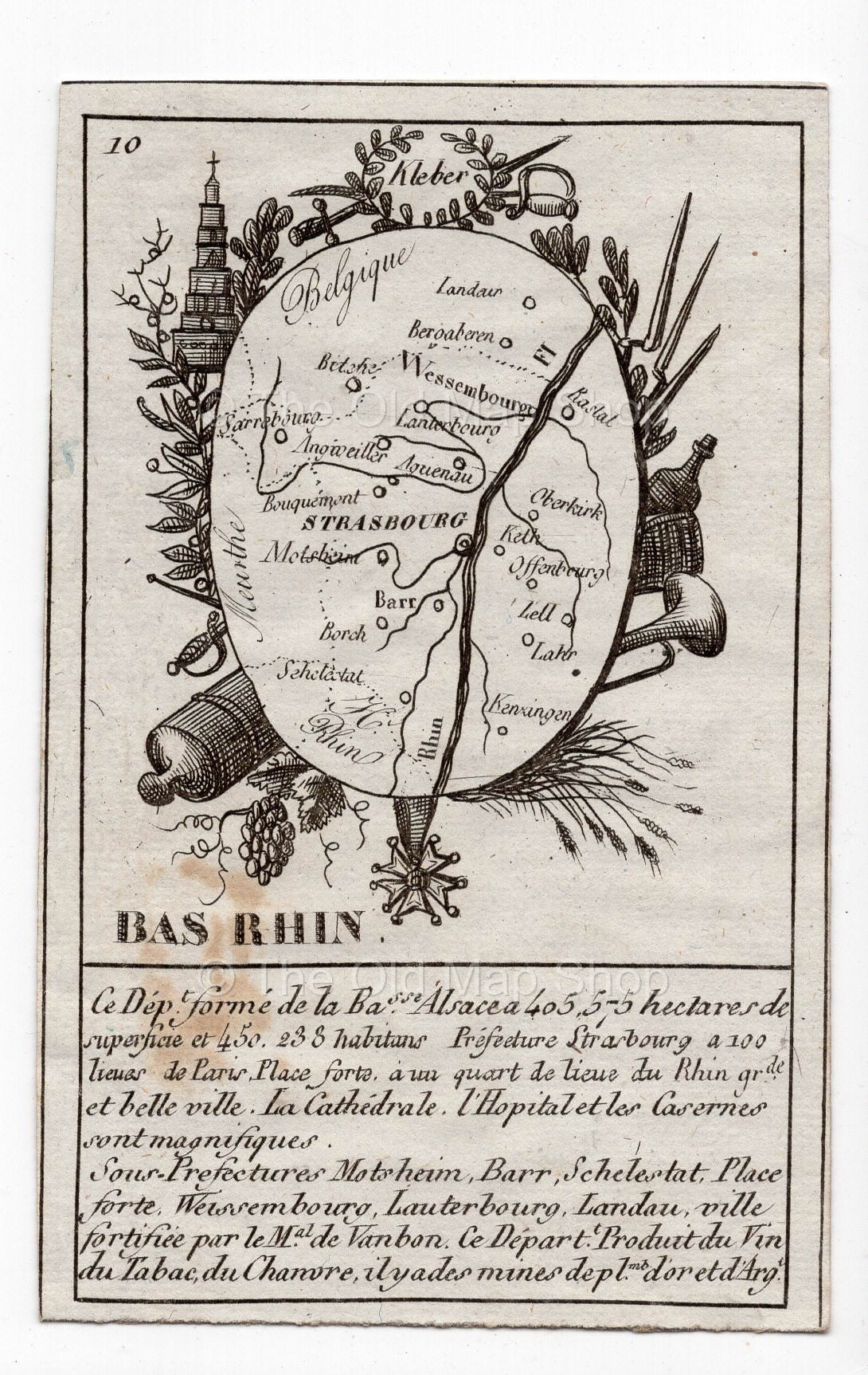 c.1836 Bas-Rhin France antique card map showing Strasbourg by Bourrut-Le Meri, 3rd edition