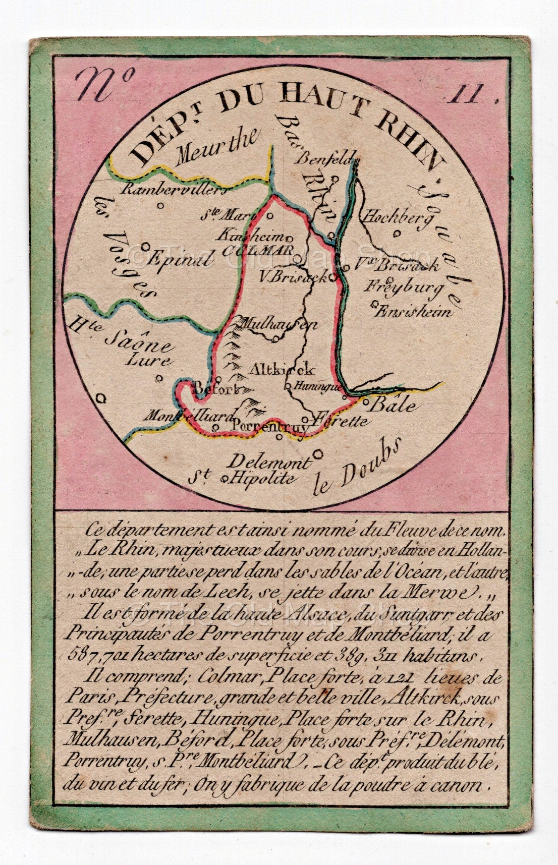 Hand-coloured c.1819 Haut Rhin France antique card map by Bourrut-Le Meri, rare first edition